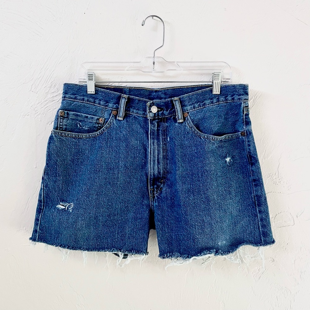 Levi’s 505 Distressed Blue Denim Cut-Offs High Rise Mom Jean Shorts, Size 34